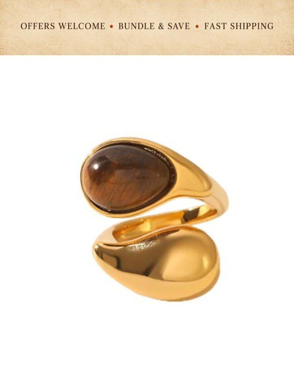 Chunky Teardrop Faux Pearl Adjustable Open Wrap Statement Ring Brass